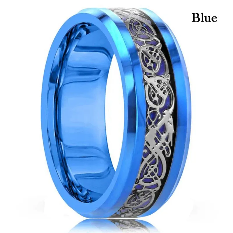 10 Colors 8mm Men's Stainless Steel Celtic Dragon Ring Inlay Red Green Black Carbon Fiber ring Wedding Band Jewelry Size 6-13