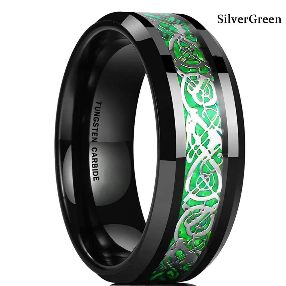 10 Colors 8mm Men's Stainless Steel Celtic Dragon Ring Inlay Red Green Black Carbon Fiber ring Wedding Band Jewelry Size 6-13