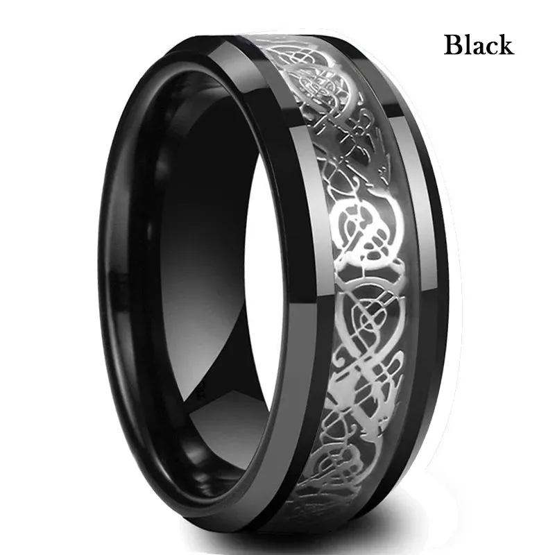 10 Colors 8mm Men's Stainless Steel Celtic Dragon Ring Inlay Red Green Black Carbon Fiber ring Wedding Band Jewelry Size 6-13