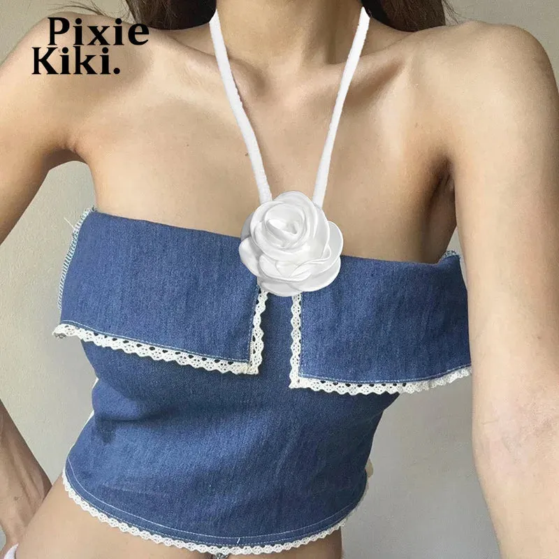 3d Flower Applique Halterneck Backless Camisole Tops for Women Blue Denim Patchwork Going Out Tops Y2k Clothes P71CZ12