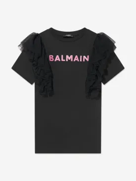 Balmain Girls Tulle Trim Jersey Dress in Black