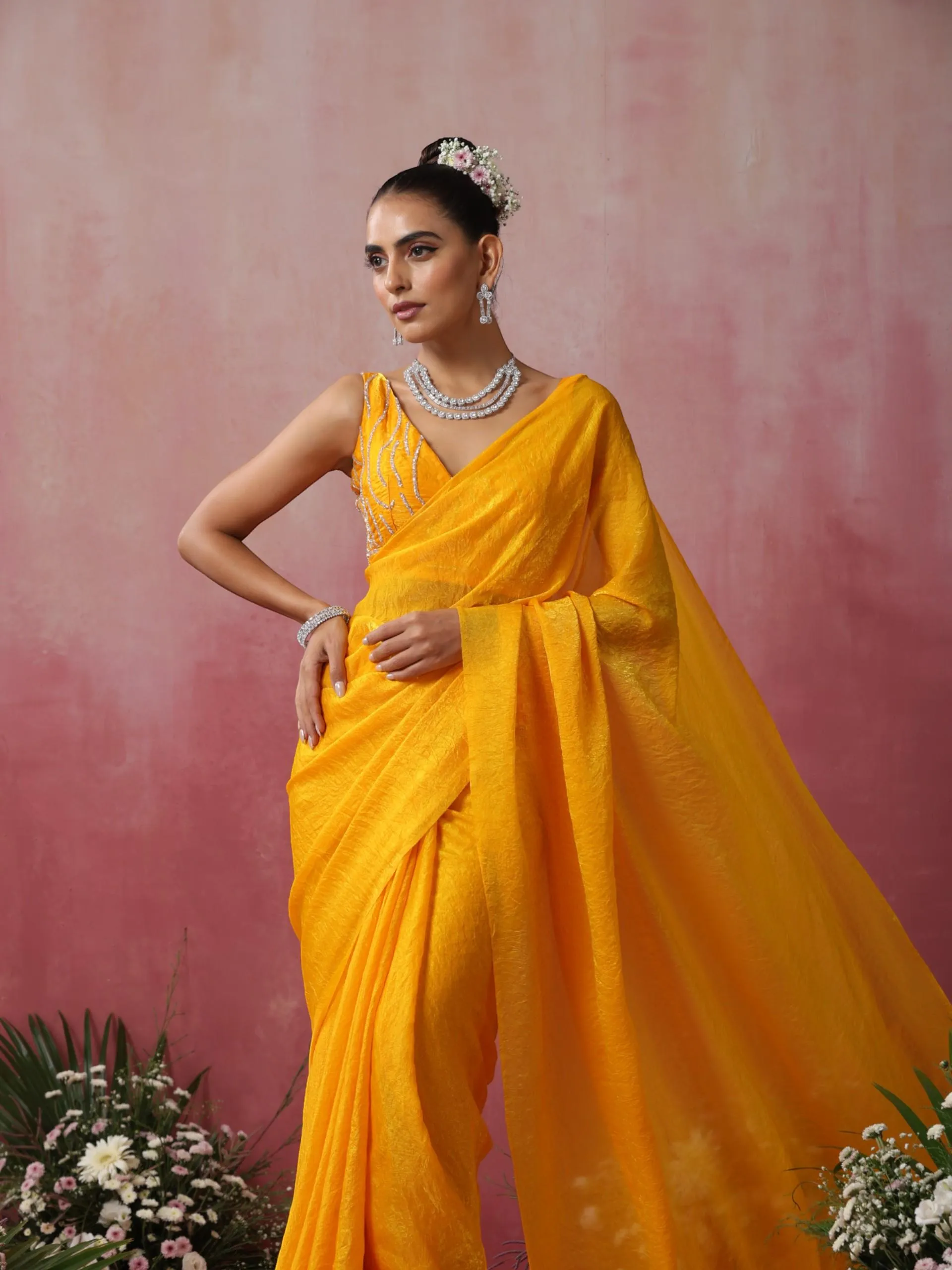 Bee Yellow Metallic Crushed Satin Saree with Hand Beaded Blouse Fabric