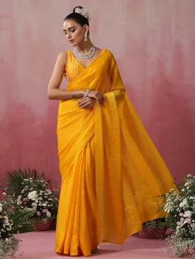 Bee Yellow Metallic Crushed Satin Saree with Hand Beaded Blouse Fabric