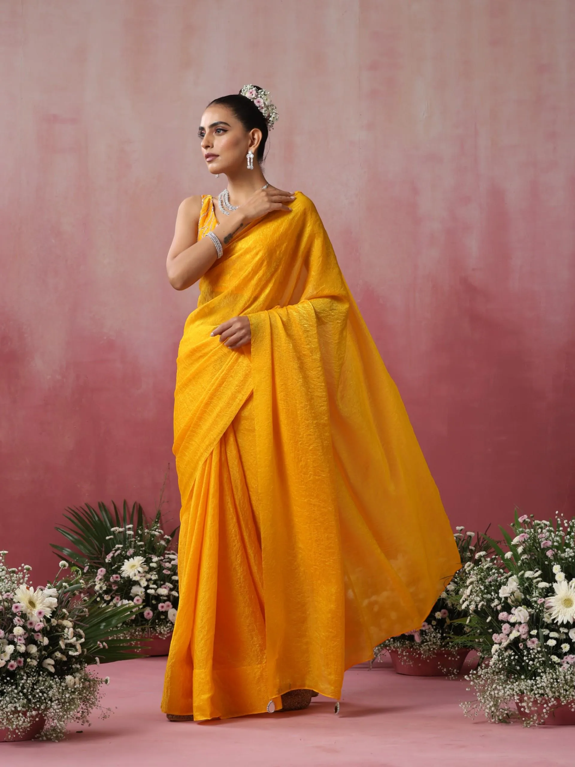 Bee Yellow Metallic Crushed Satin Saree with Hand Beaded Blouse Fabric