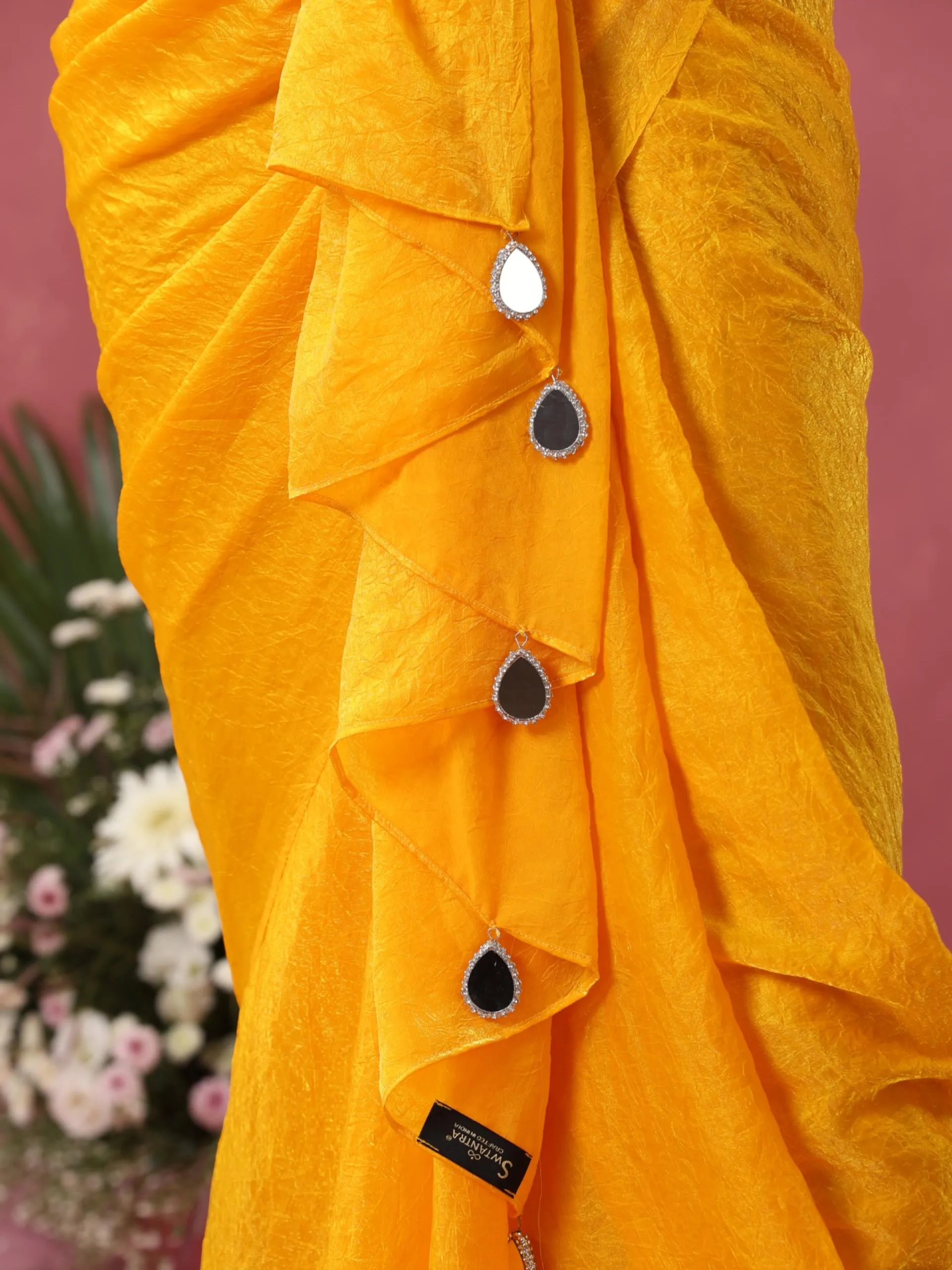 Bee Yellow Metallic Crushed Satin Saree with Hand Beaded Blouse Fabric