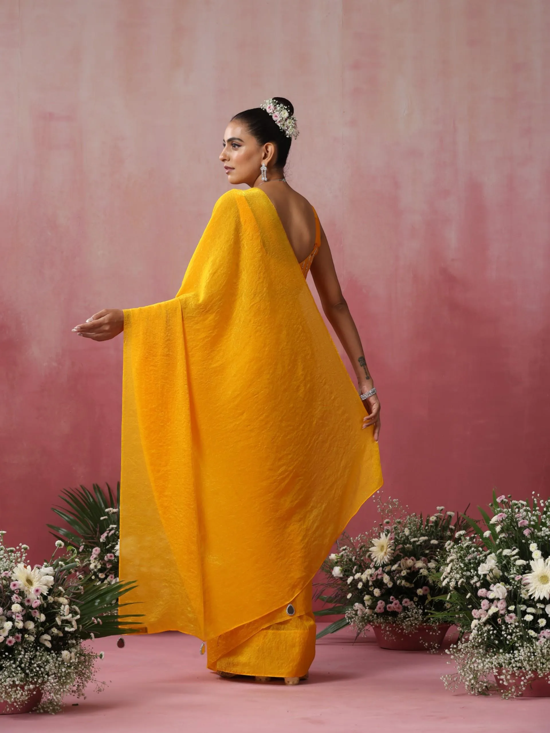 Bee Yellow Metallic Crushed Satin Saree with Hand Beaded Blouse Fabric