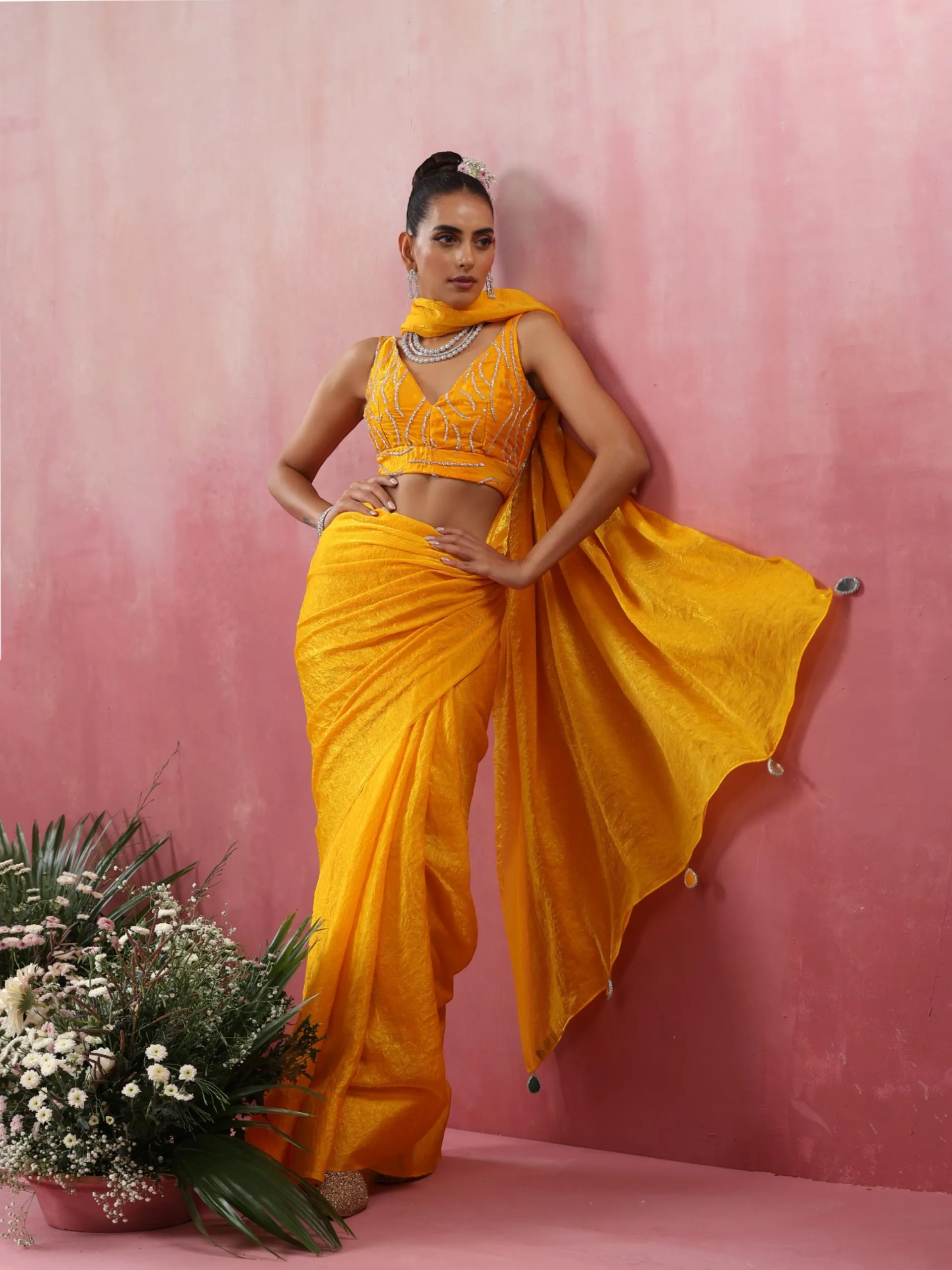 Bee Yellow Metallic Crushed Satin Saree with Hand Beaded Blouse Fabric