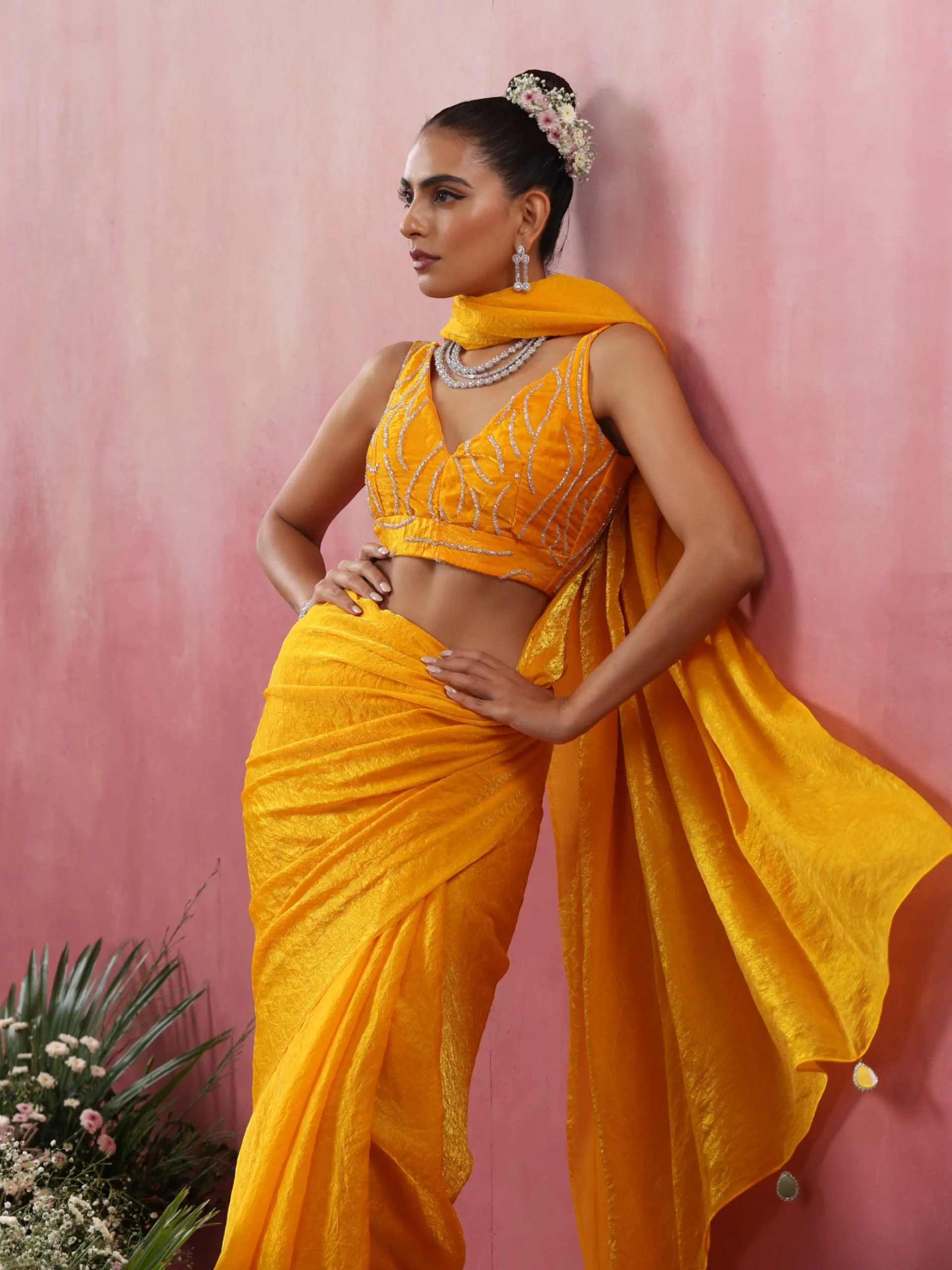 Bee Yellow Metallic Crushed Satin Saree with Hand Beaded Blouse Fabric