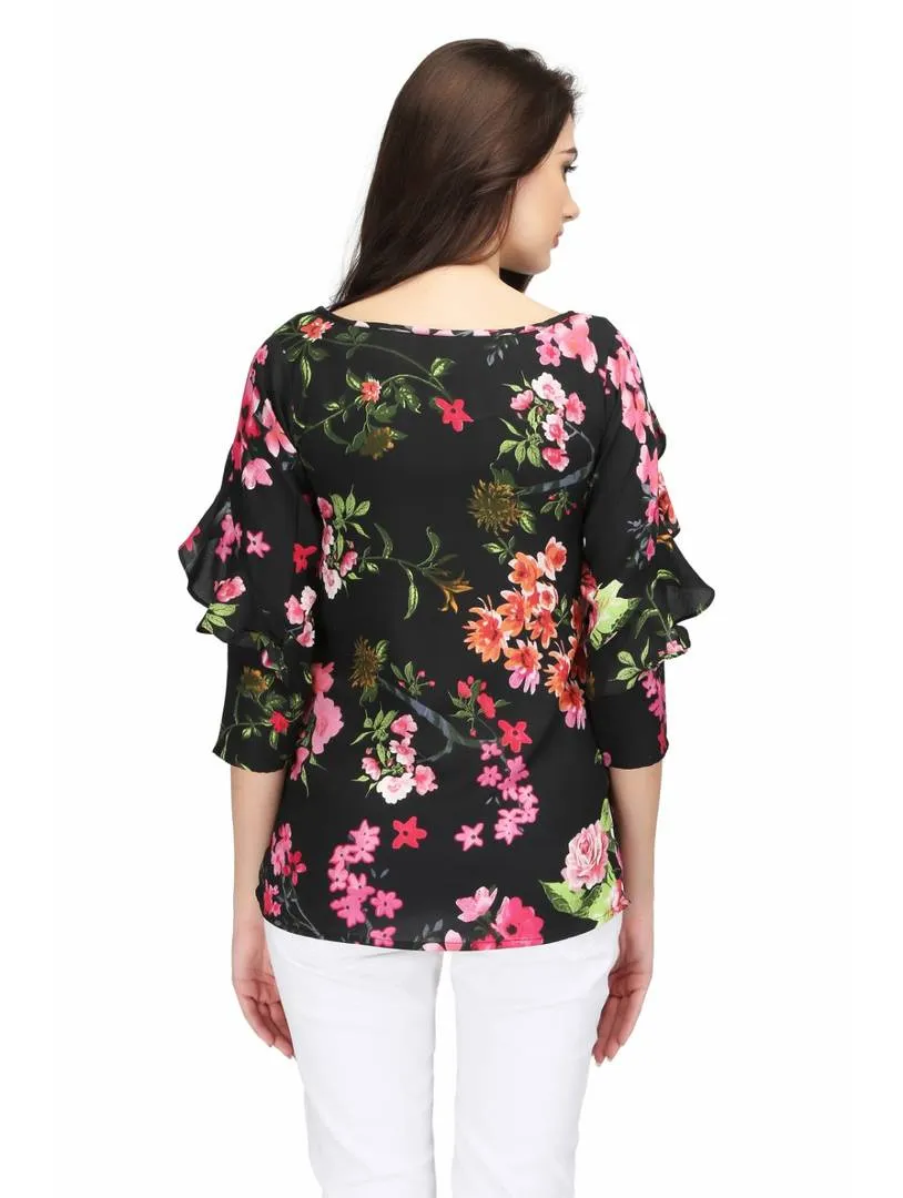 Black Floral Printed Ruffle Blouse Top