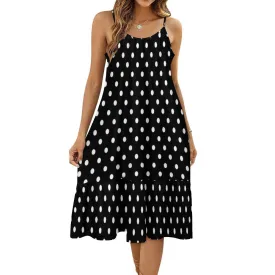 Black With White Polka Dots Suspender Sleeveless Dress