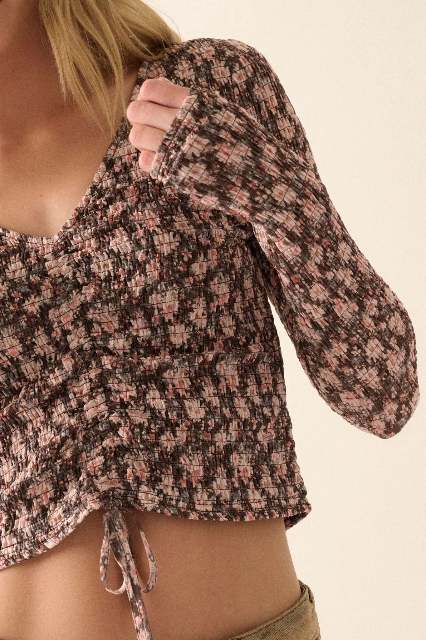 Bloom Boom Smocked Floral Mesh Drawstring Top