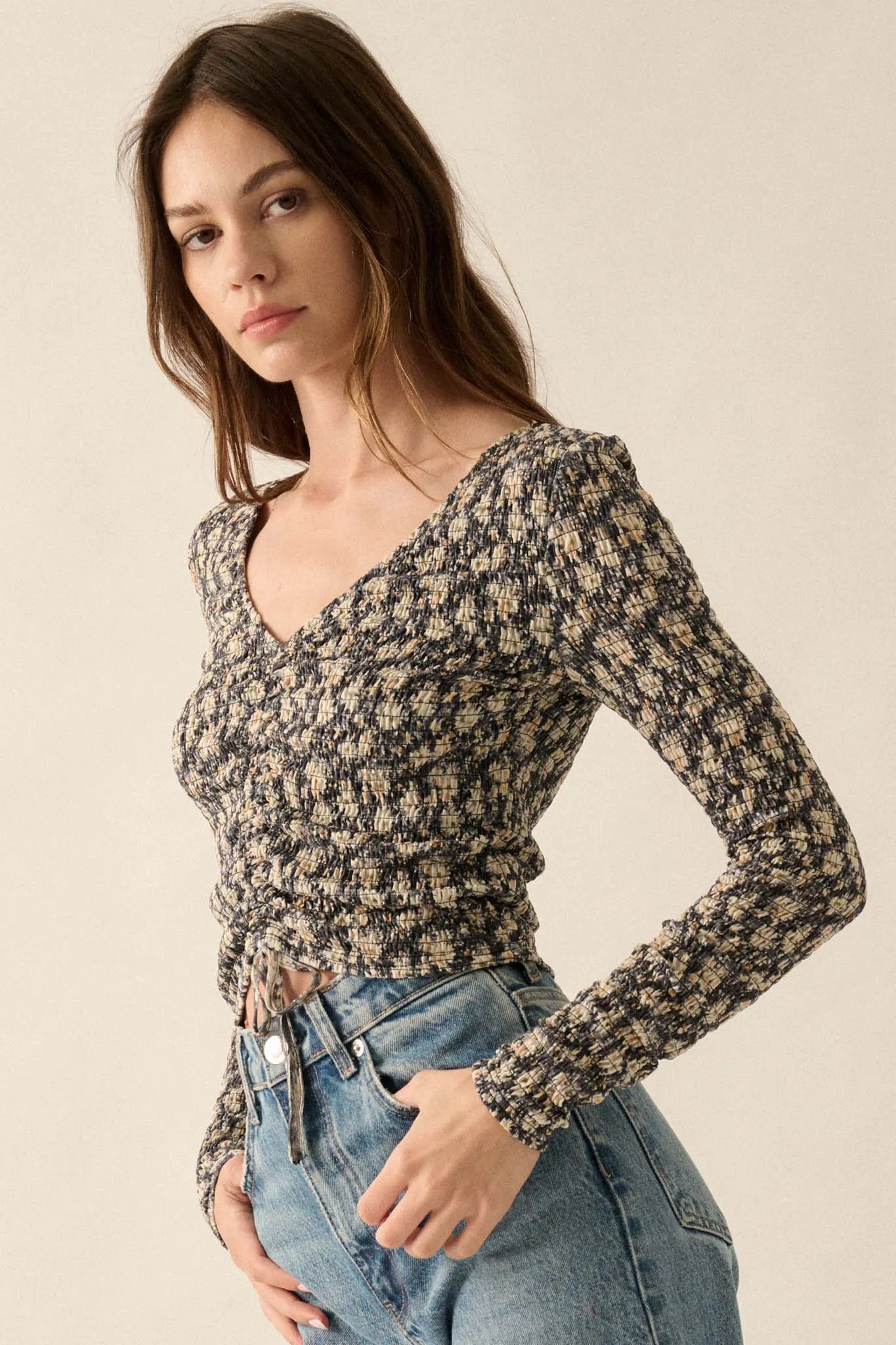 Bloom Boom Smocked Floral Mesh Drawstring Top