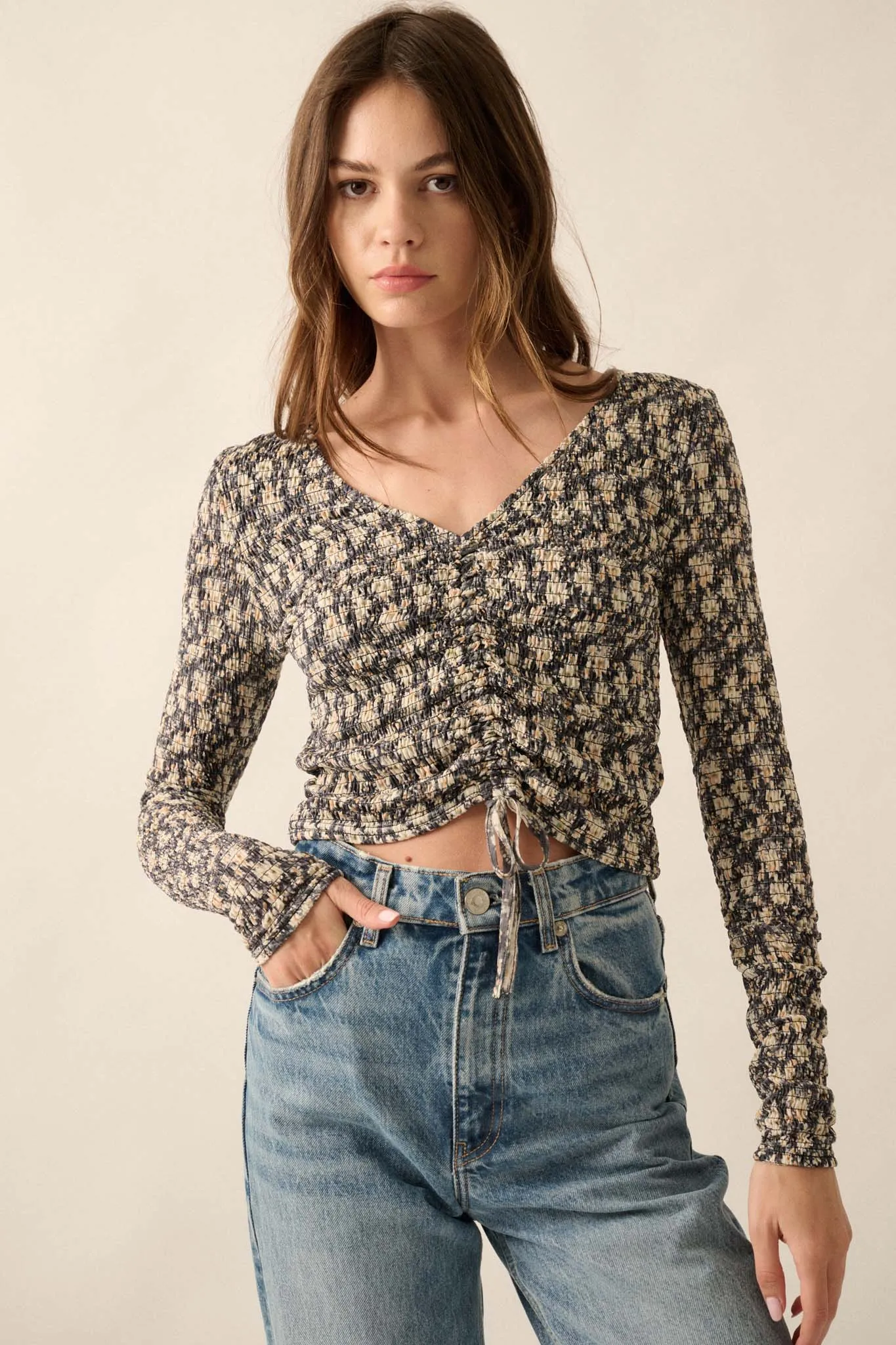 Bloom Boom Smocked Floral Mesh Drawstring Top