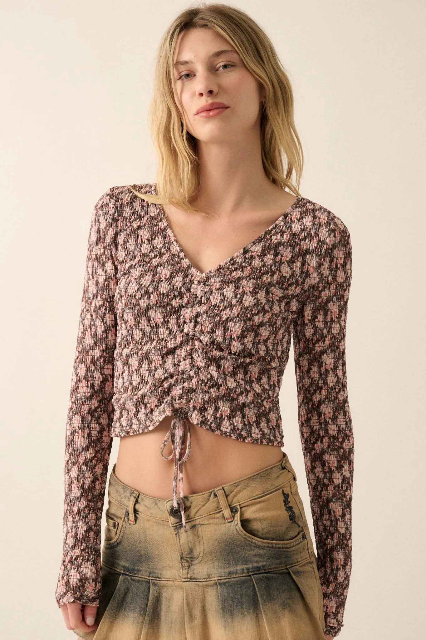 Bloom Boom Smocked Floral Mesh Drawstring Top