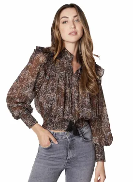 Brown Metallic Floral Smocked Ruffle Blouse