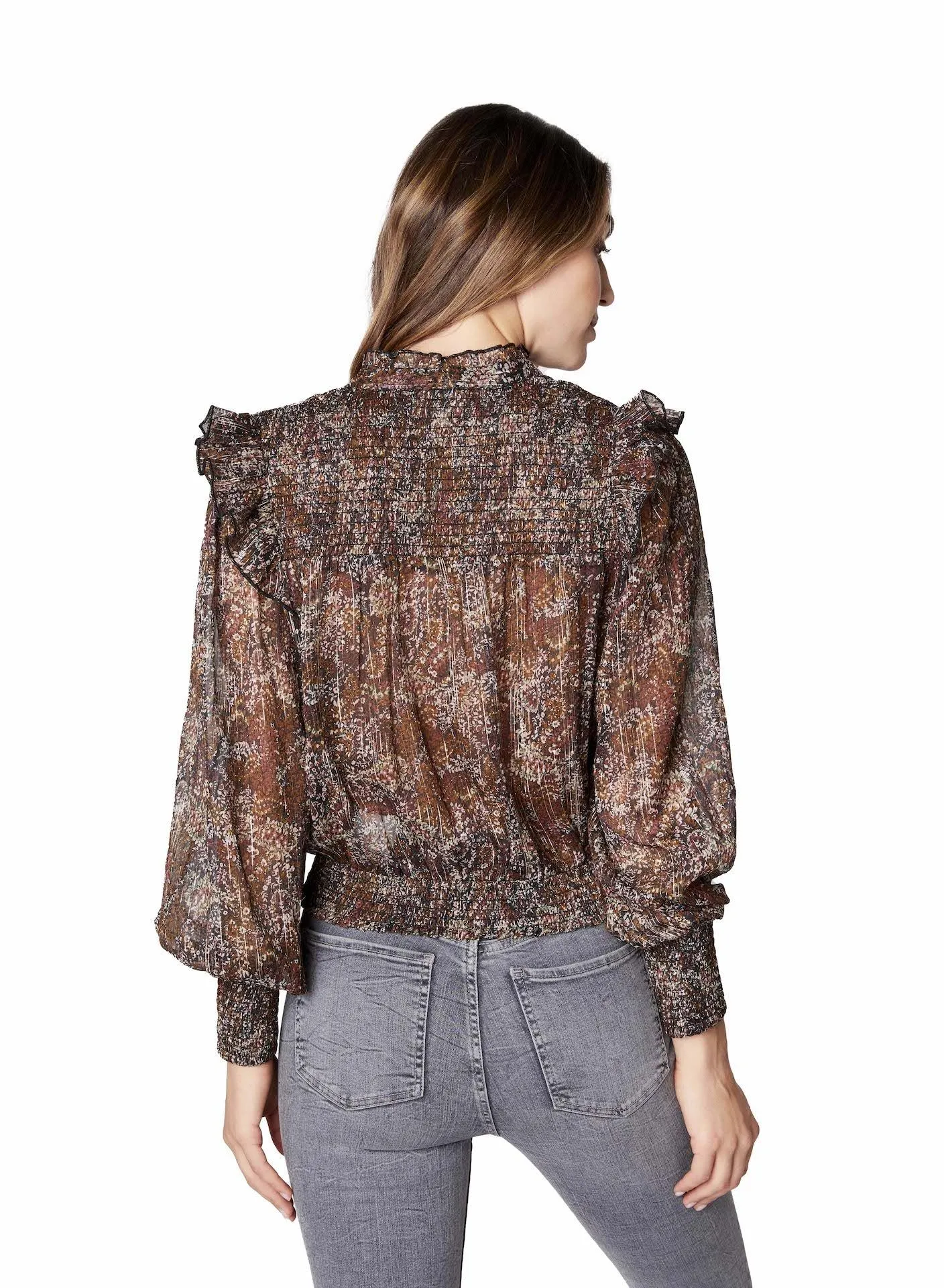 Brown Metallic Floral Smocked Ruffle Blouse