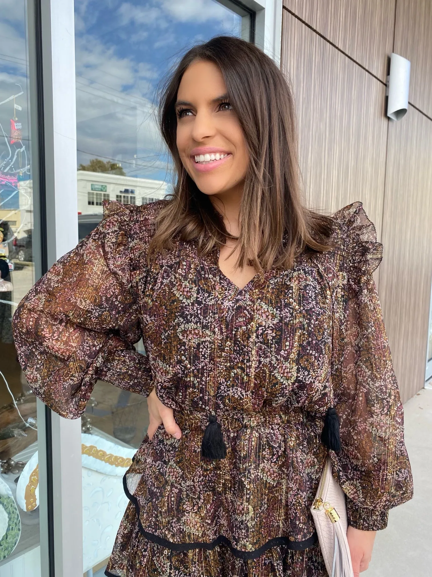 Brown Metallic Floral Smocked Ruffle Blouse