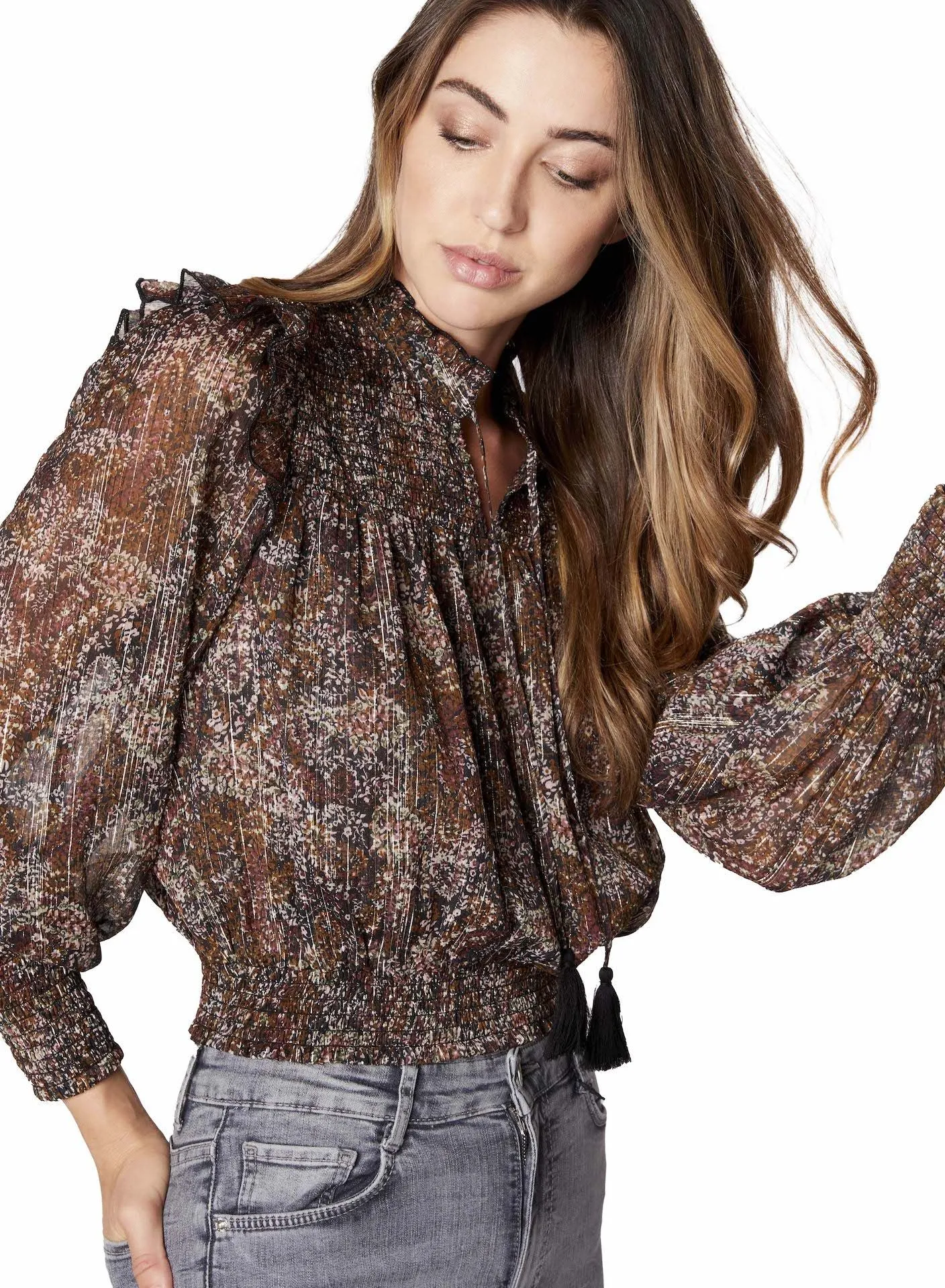 Brown Metallic Floral Smocked Ruffle Blouse