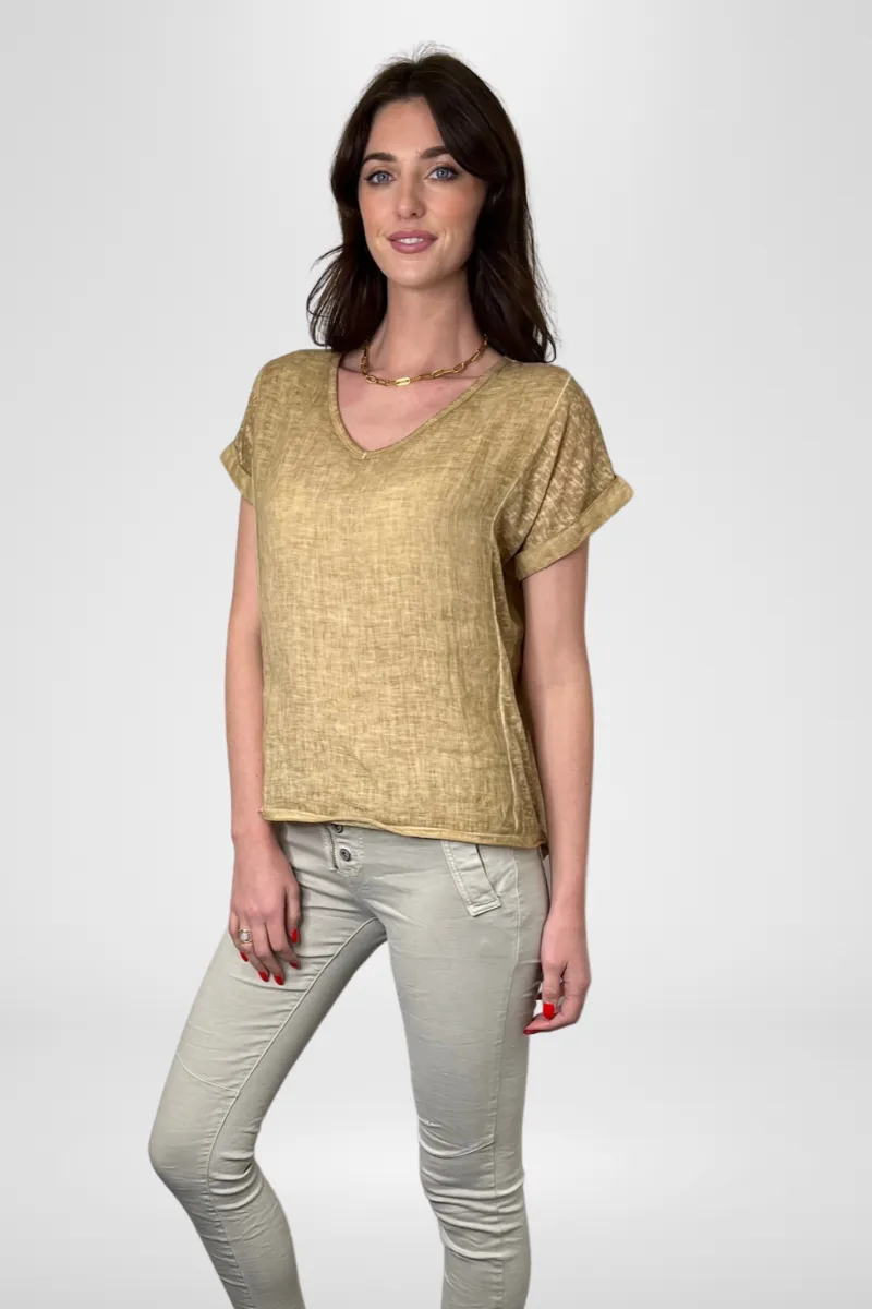 Calypso V-Neck Short Sleeve Camel Linen Top by Love From Italy