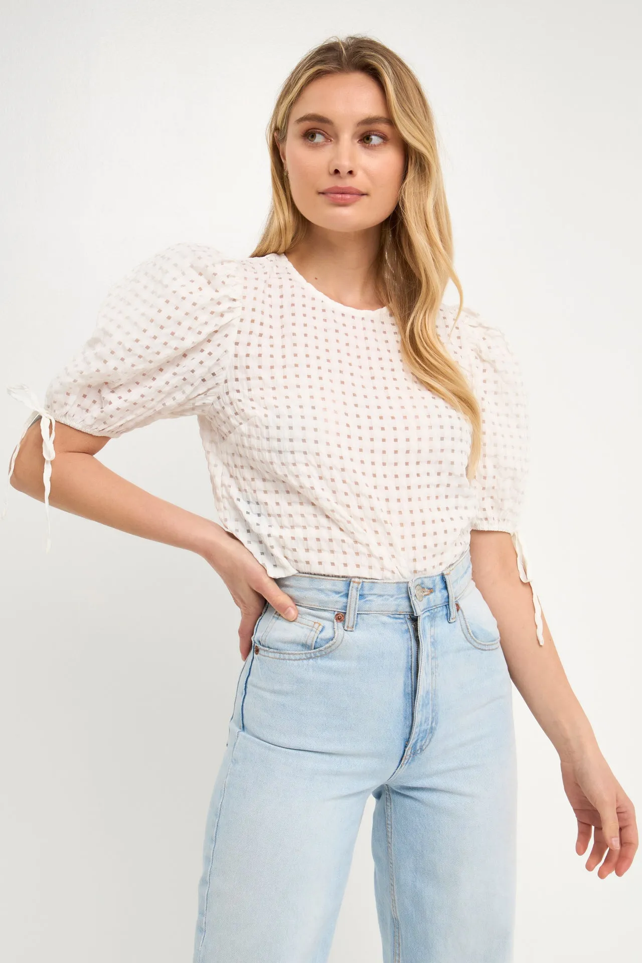 Checked Sheer Puff Sleeve Blouse