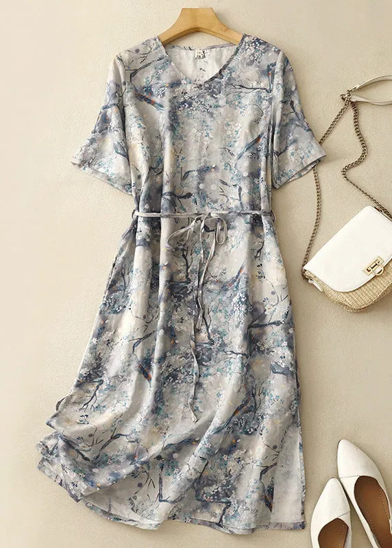 Chic Blue V Neck Print Tie Waist Cotton Dresses Summer GG002