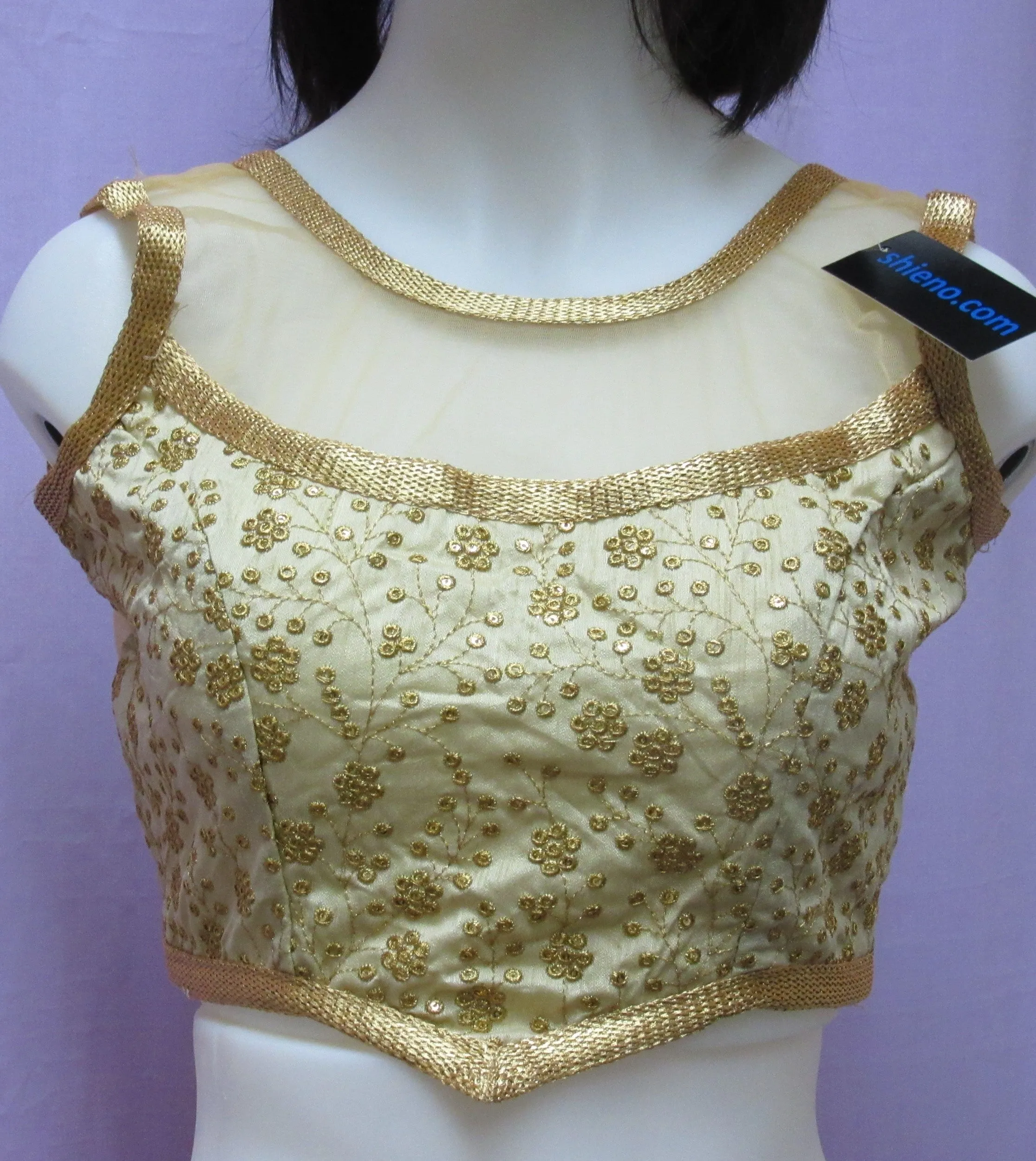 Choli 8078 Raw Silk Net Neck Shoulder Gold Zari Sleeveless Back Open M Size Choli Saree Blouse