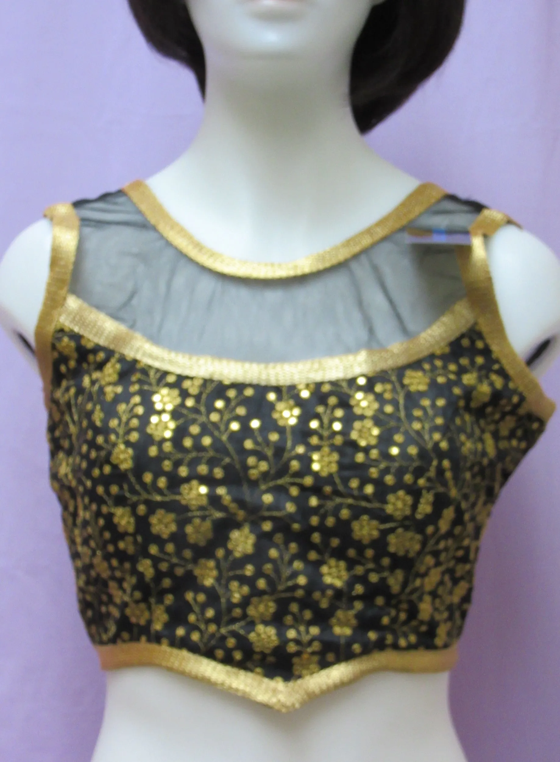 Choli 8078 Raw Silk Net Neck Shoulder Gold Zari Sleeveless Back Open M Size Choli Saree Blouse