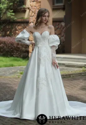 Classic Sweetheart Satin Wedding Dress With Detachable Pouf Sleeves