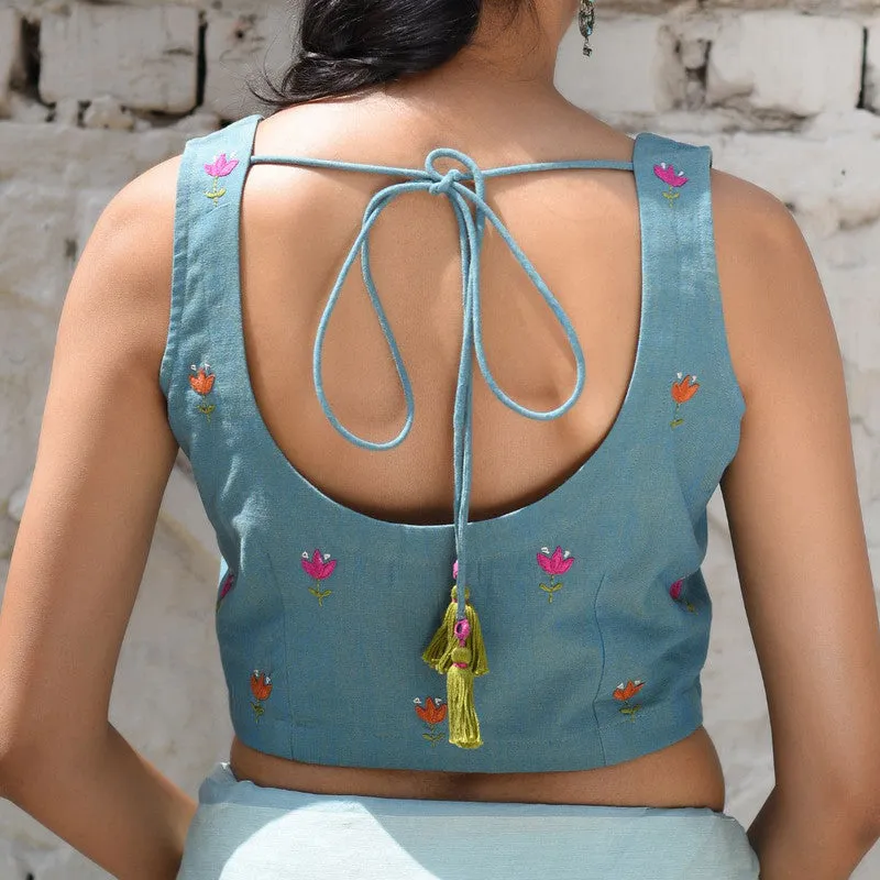 Cotton Embroidered Blouse | Sleeveless | Round Neckline | Blue