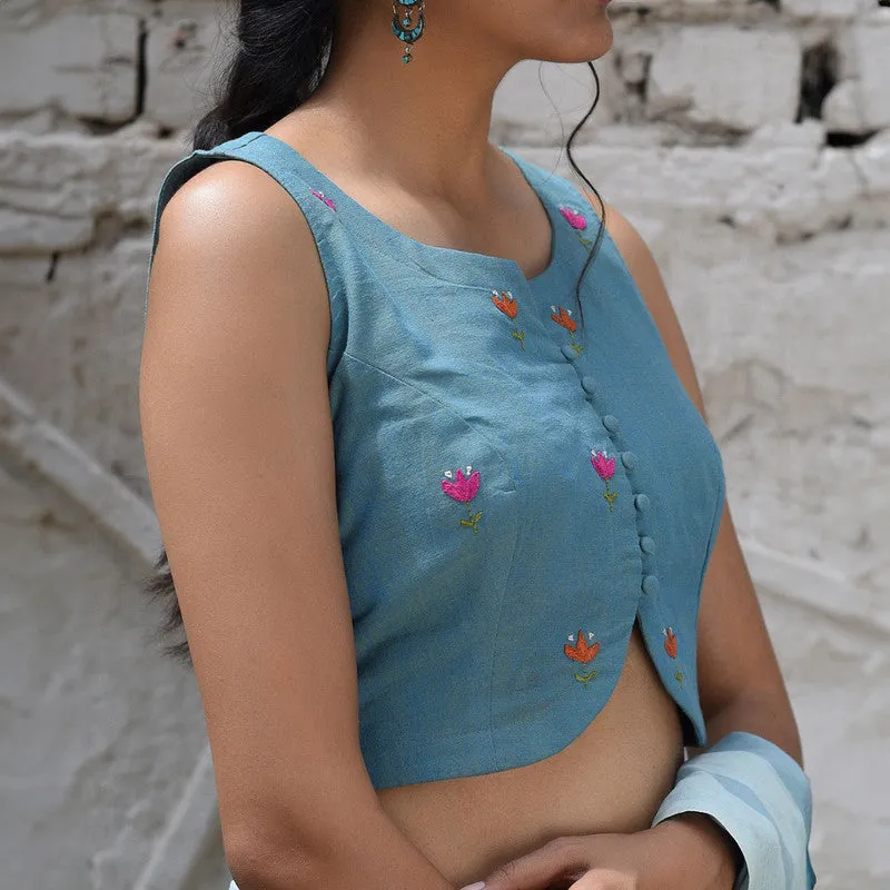 Cotton Embroidered Blouse | Sleeveless | Round Neckline | Blue