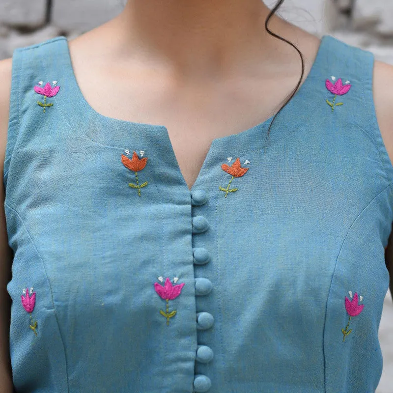 Cotton Embroidered Blouse | Sleeveless | Round Neckline | Blue