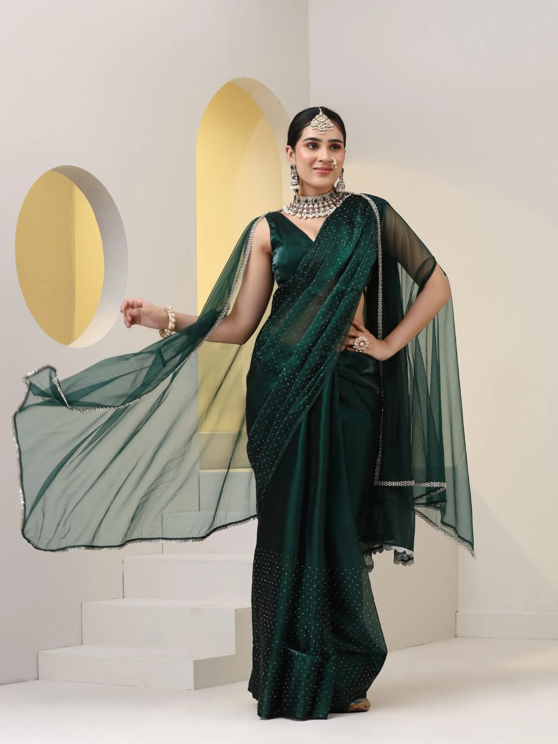 Emerald Swarovski style Saree with Lace and Blouse Fabric