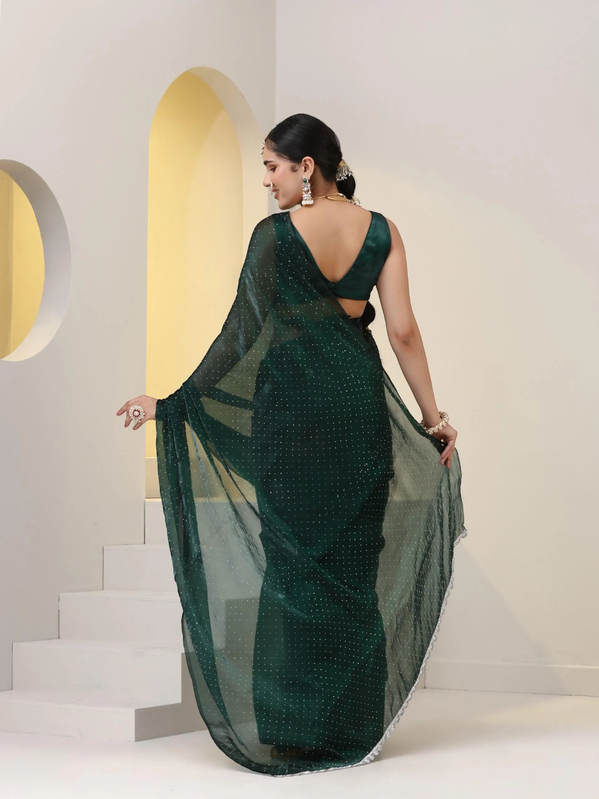 Emerald Swarovski style Saree with Lace and Blouse Fabric