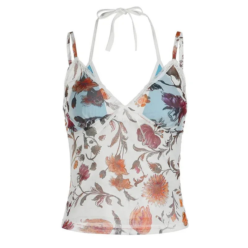 Fake Two-piece Halter Top Y2k 2000s Vintage Floral Print Mesh Sheer Tank Top Women Summer Camisole P67-BF10