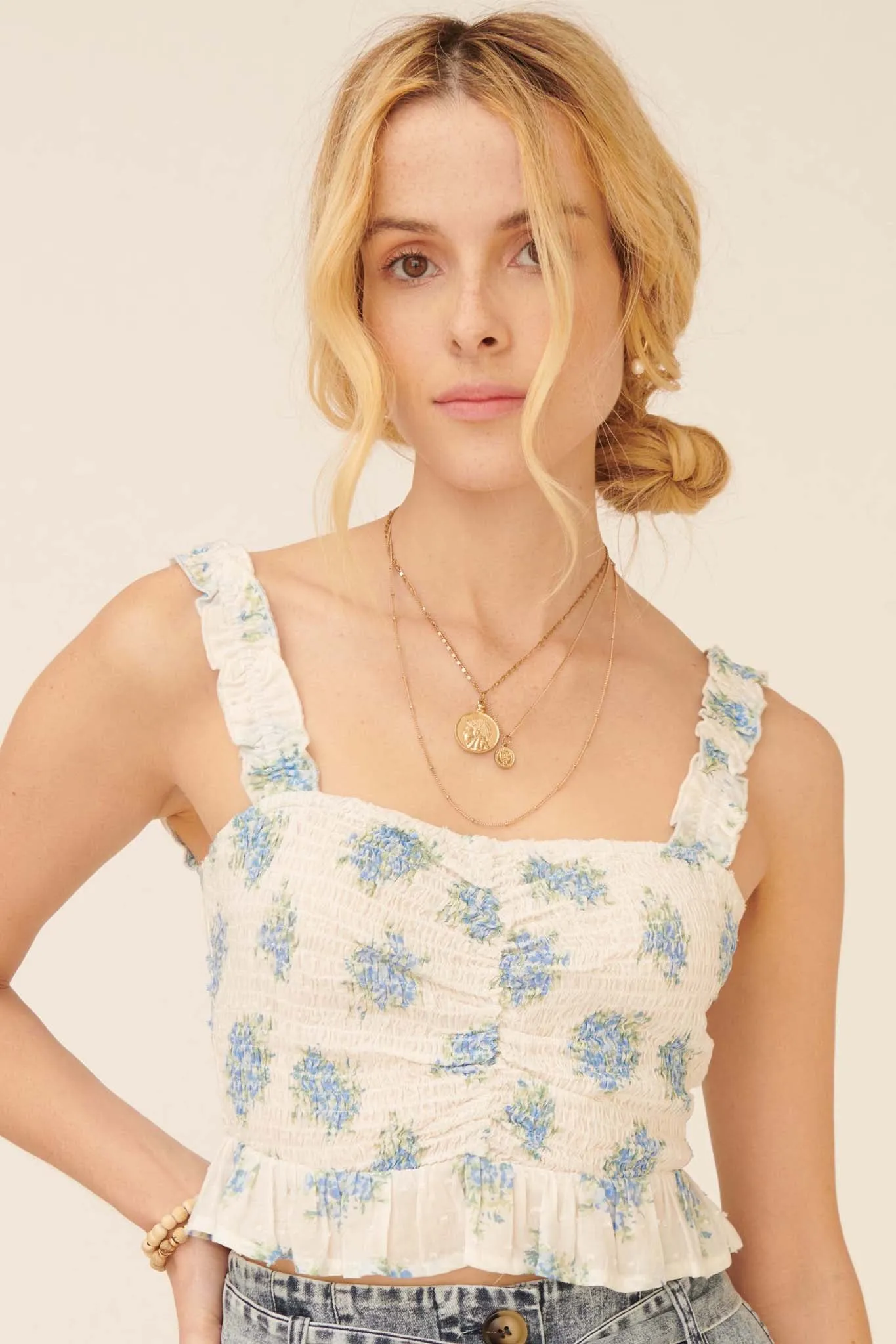 Flowering Love Smocked Floral Crop Cami Top