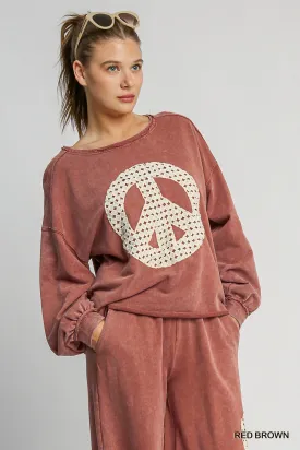 French Terry Peace Sign Top - red brown