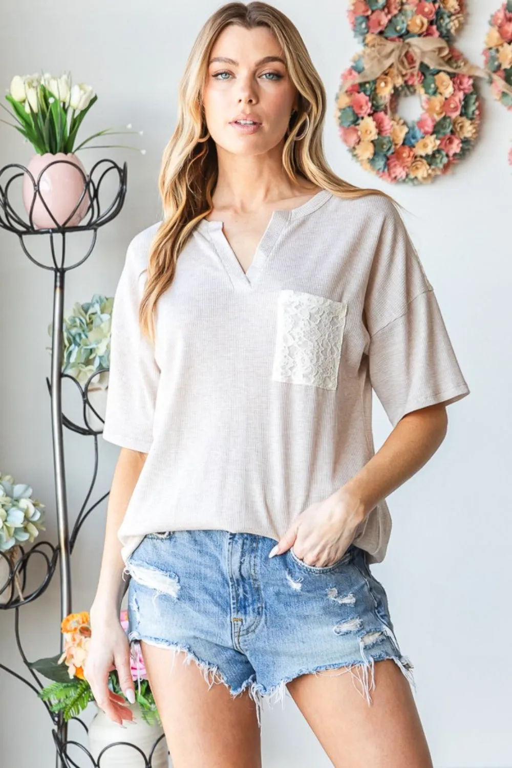 Full Size Lace Front Pocket Drop Shoulder Top