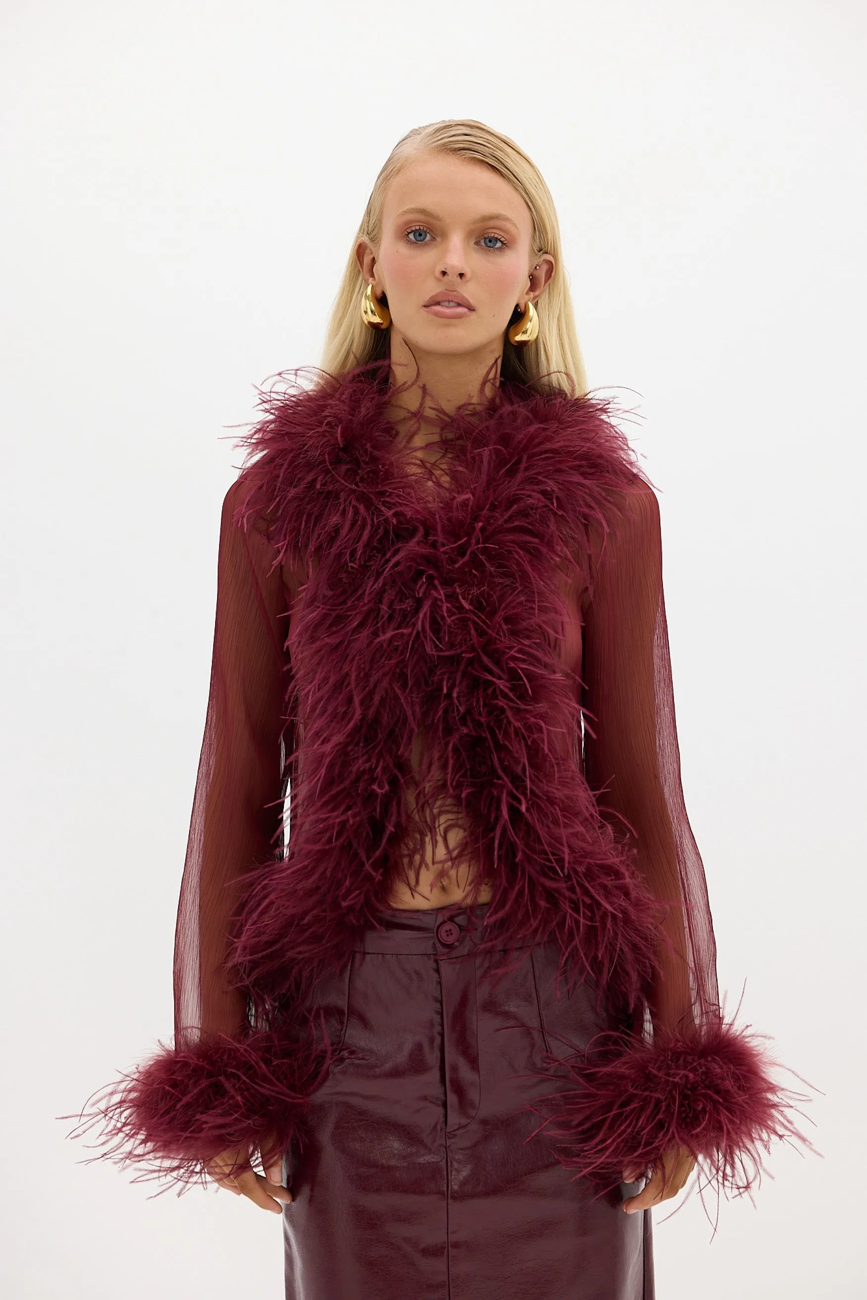 Gigi Sheer Feather Blouse - Cherry