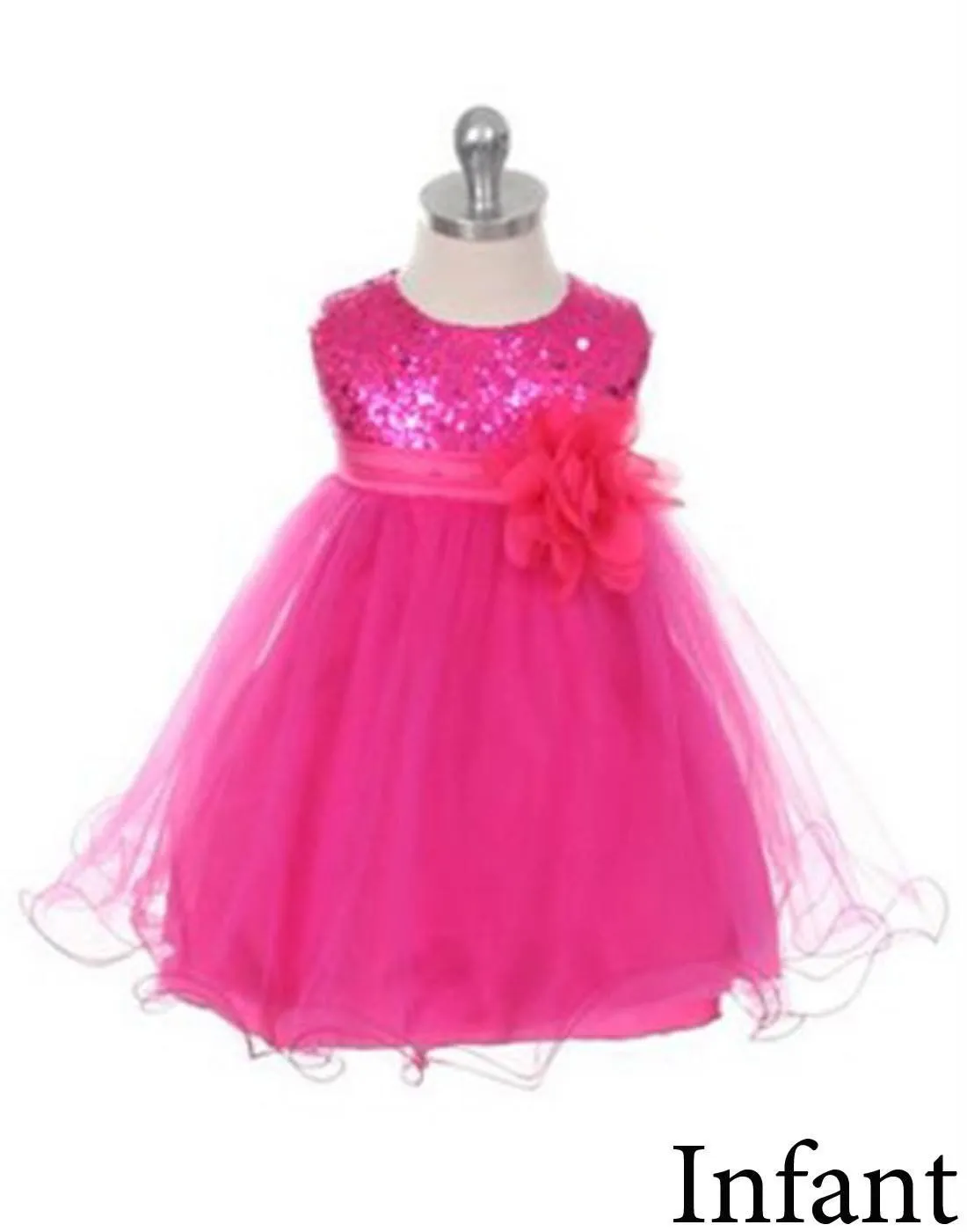 Glittery Sequined Bodice and Double Layered Mesh Dress - Fuchsia