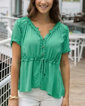 Grace & Lace Lola Frilly Button Front Top - Spring Green