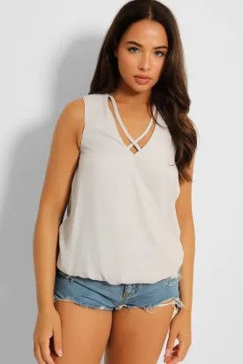 Grey Crossed Straps V-Neck Sleeveless Blouse