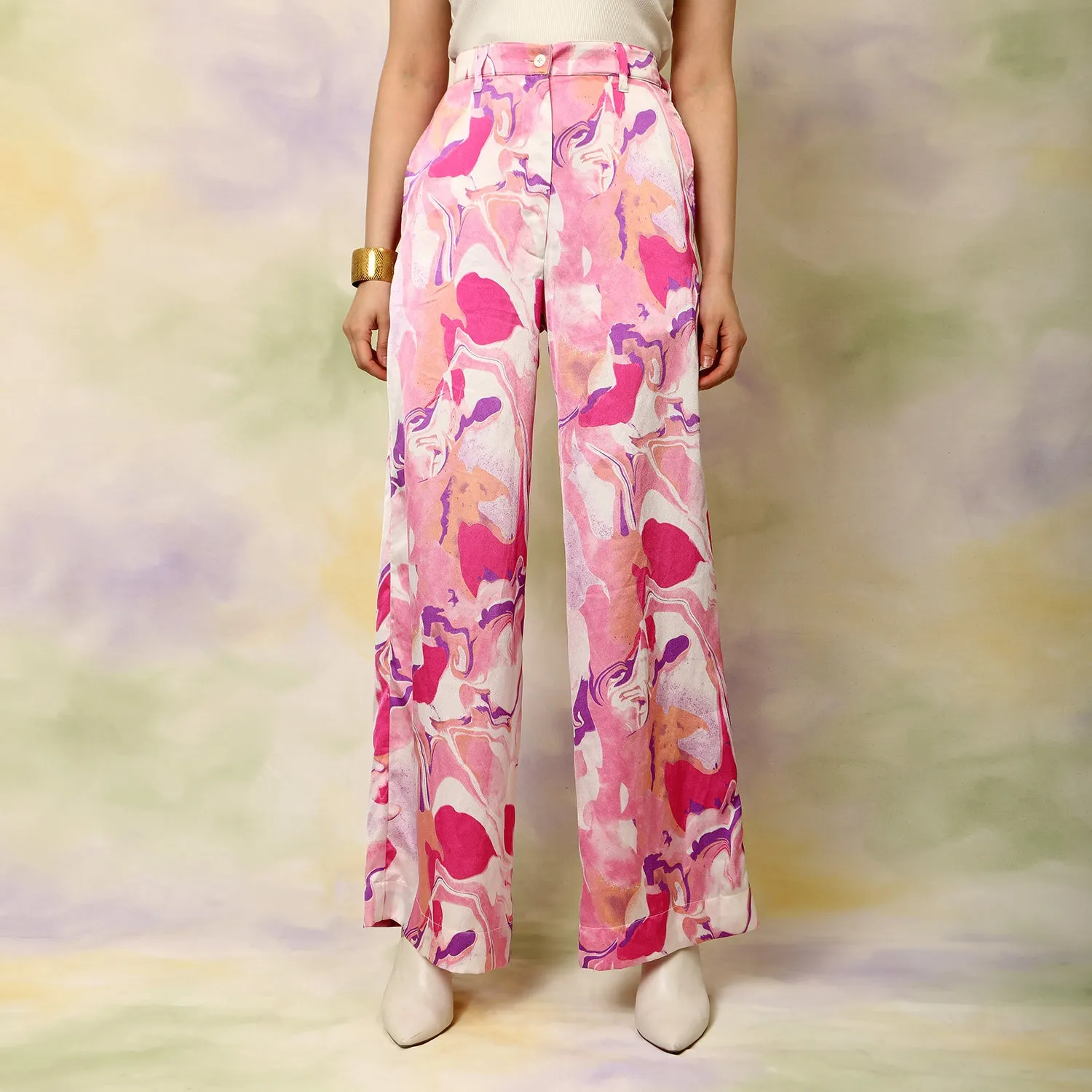 High Waisted Flared Marble Print Trousers