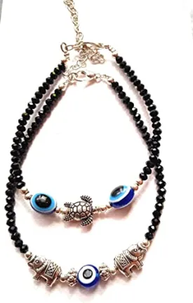 Jyokrish Combo Metal Silver Elephant & Turtle Blue Evil eye Glossy Black beads Chain Anklet |For Women |Girls Nazariya |Nazarbattu| pack of 2 |Payal | lucky protection