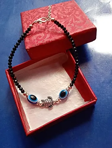 Jyokrish Combo Metal Silver Elephant & Turtle Blue Evil eye Glossy Black beads Chain Anklet |For Women |Girls Nazariya |Nazarbattu| pack of 2 |Payal | lucky protection