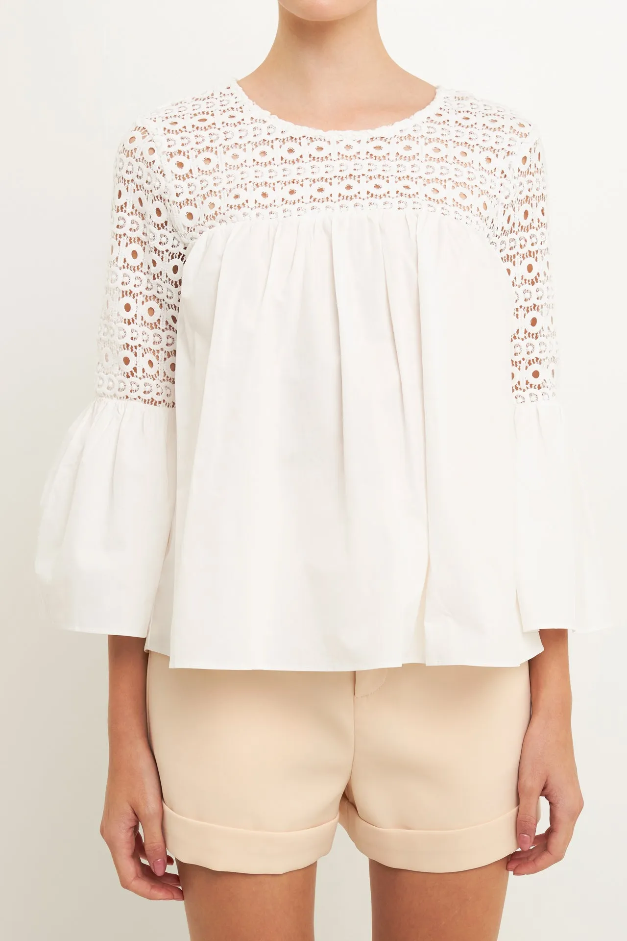 Lace with Poplin Bell Sleeve Blouse