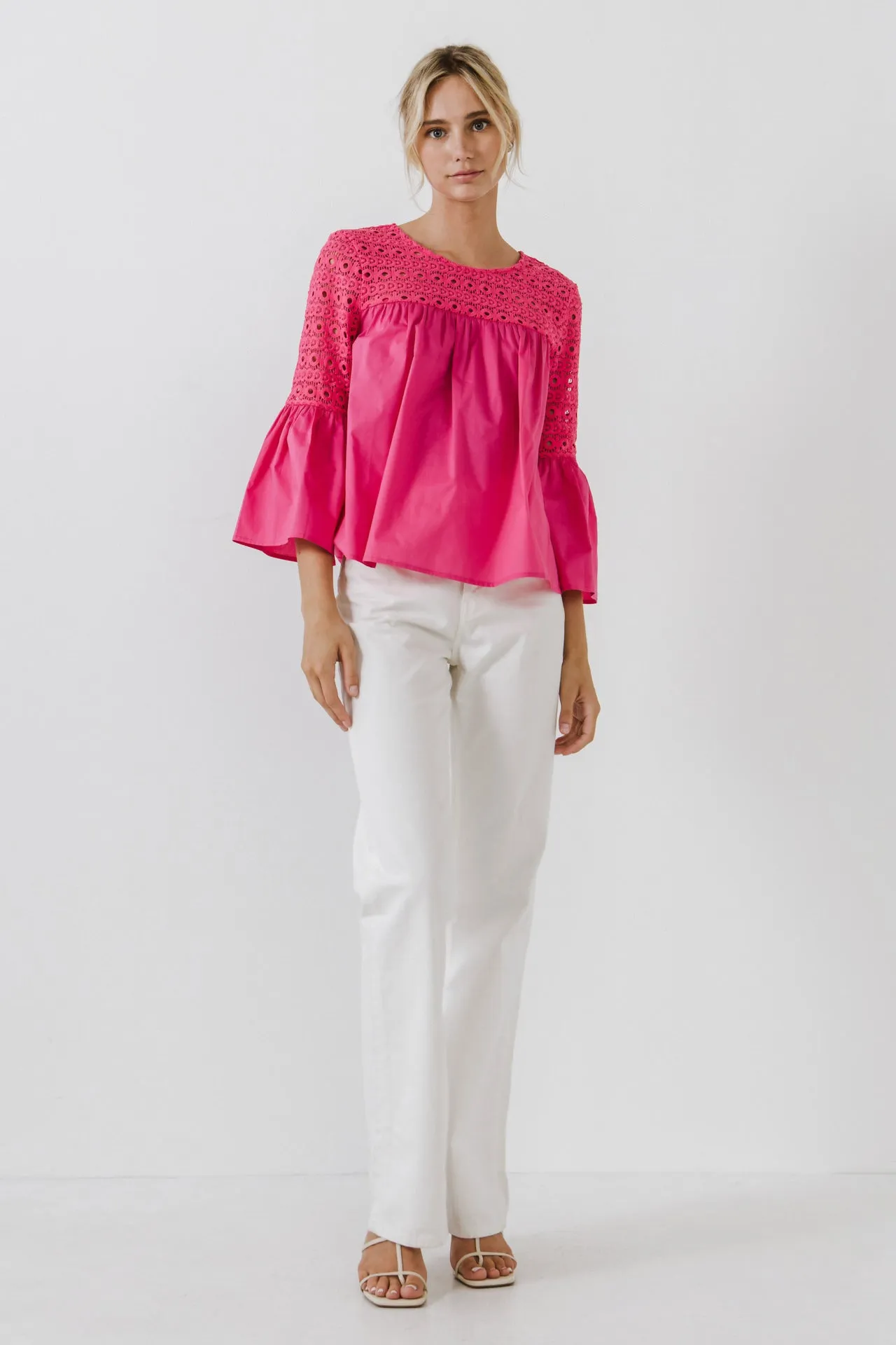 Lace with Poplin Bell Sleeve Blouse