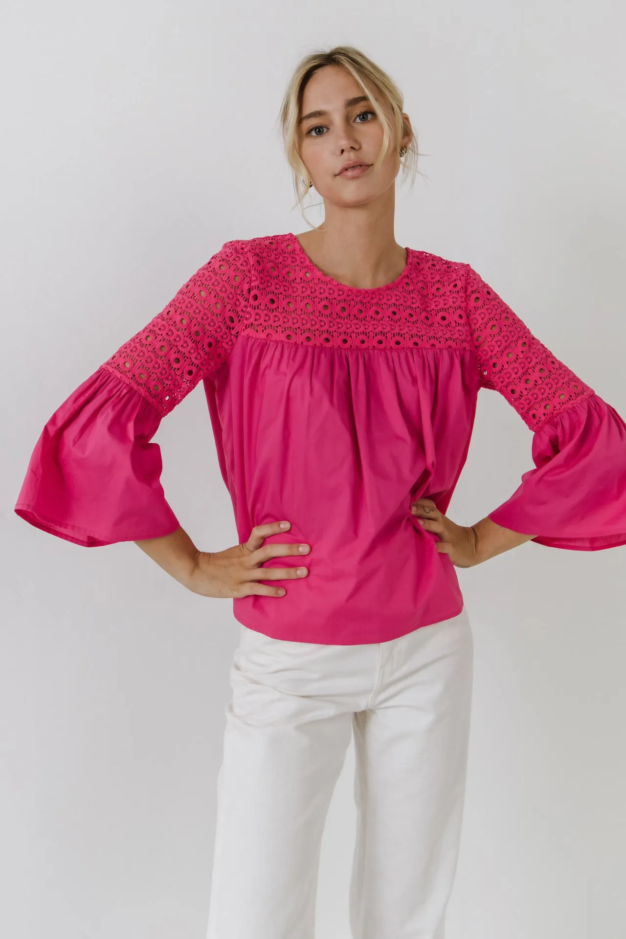 Lace with Poplin Bell Sleeve Blouse