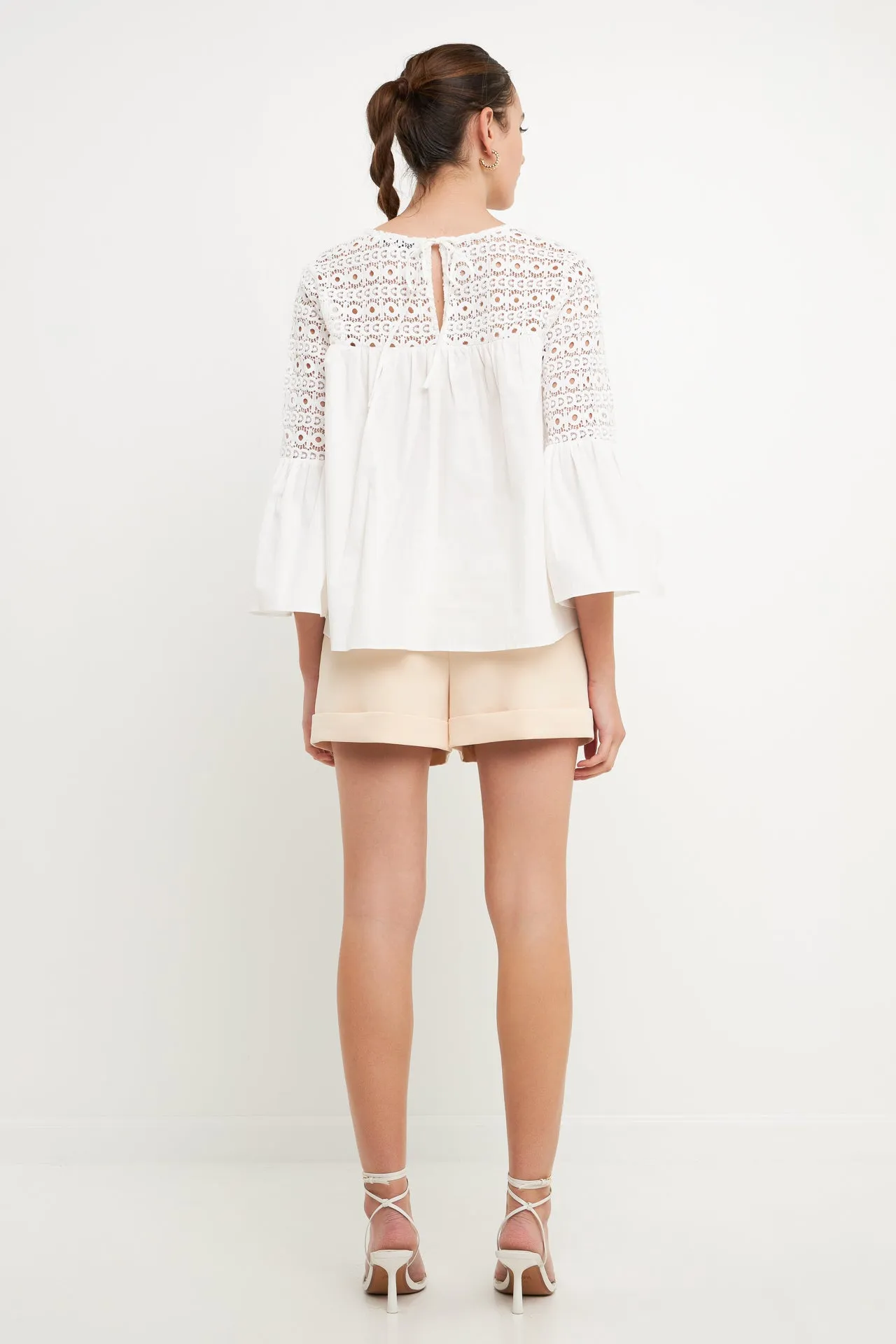 Lace with Poplin Bell Sleeve Blouse