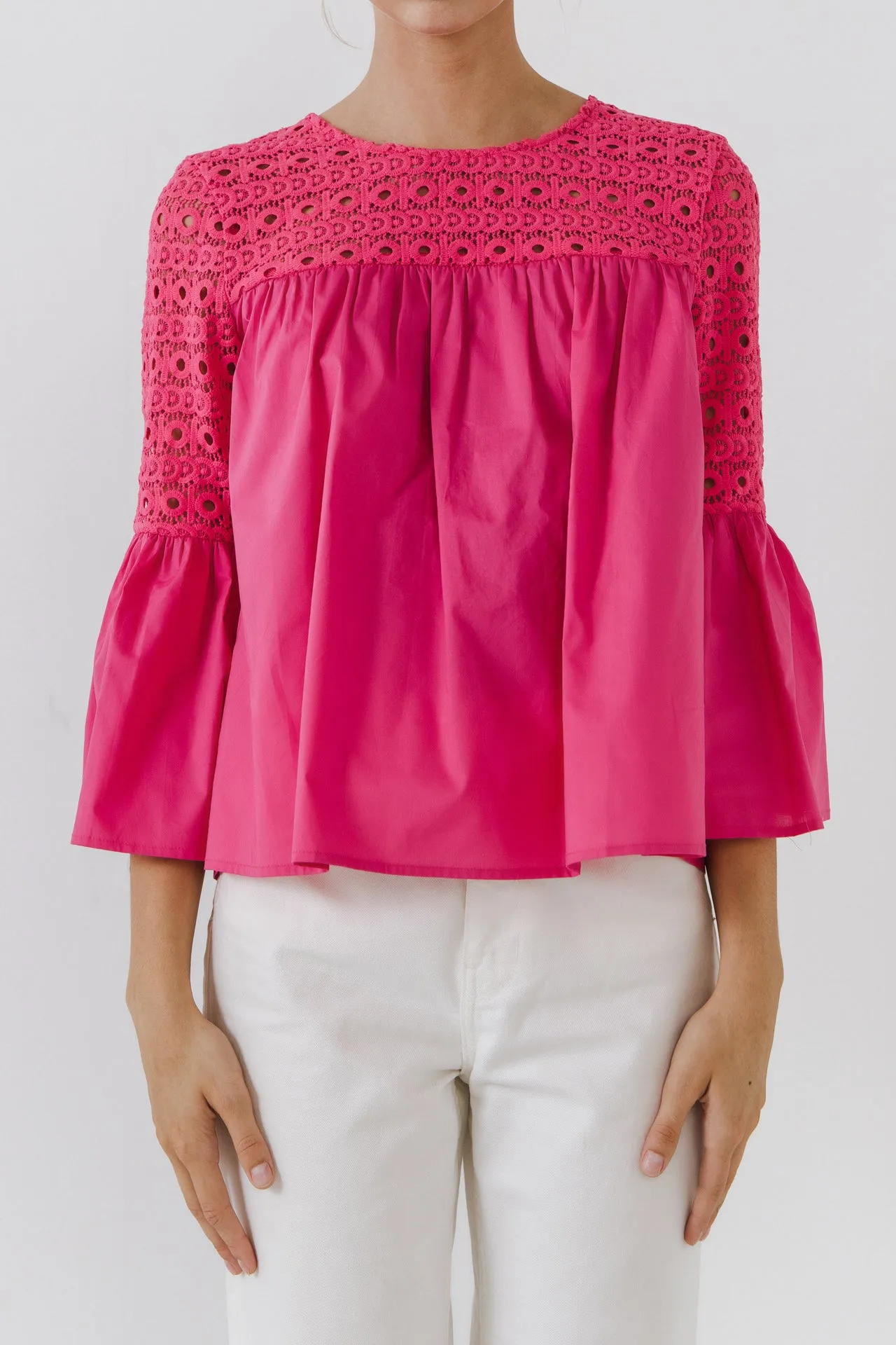 Lace with Poplin Bell Sleeve Blouse