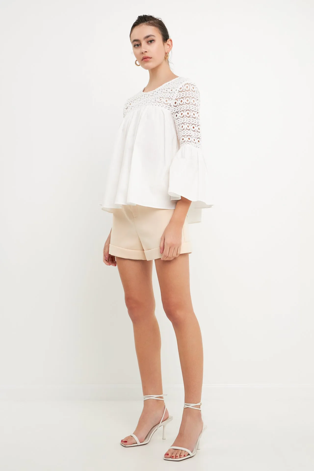 Lace with Poplin Bell Sleeve Blouse